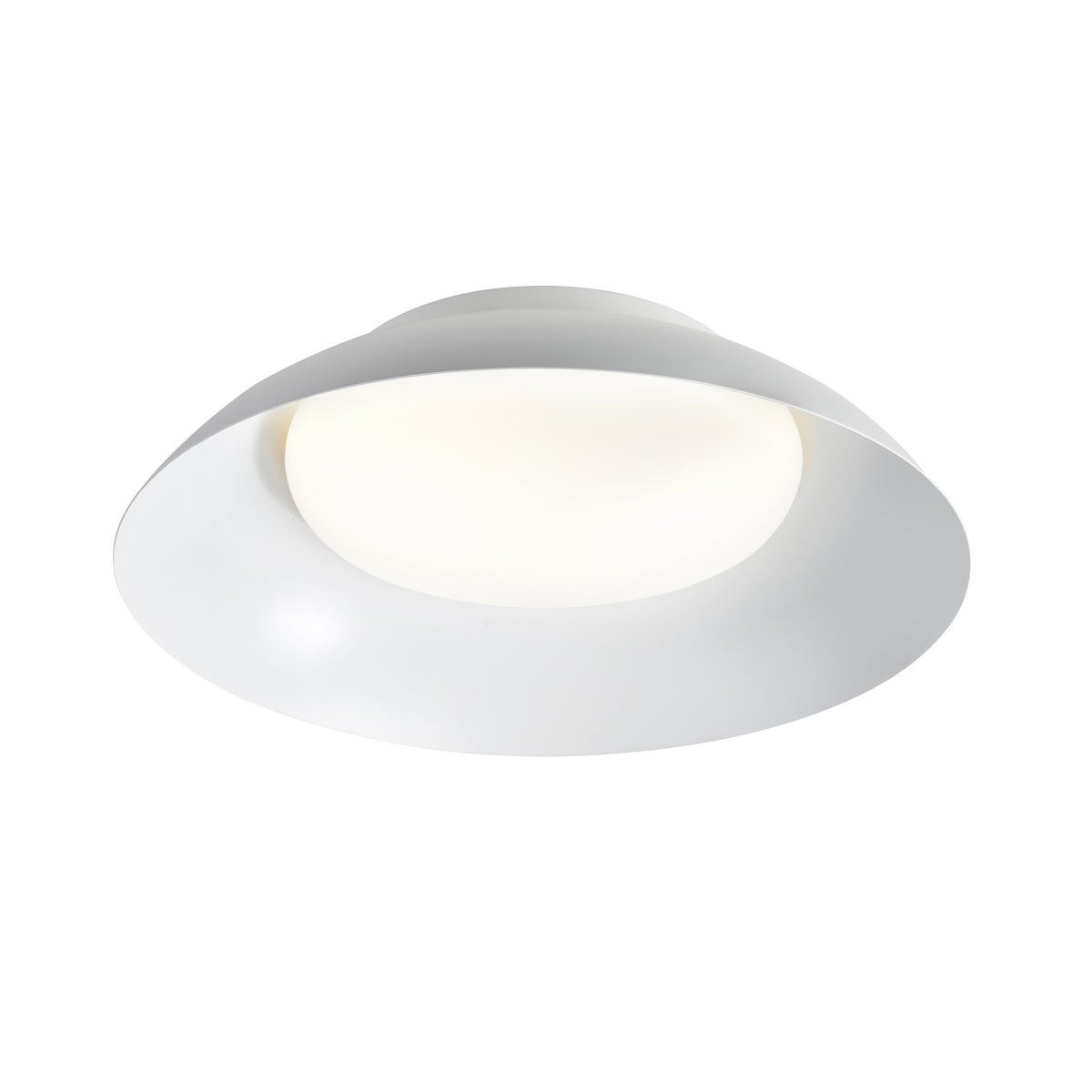 Luminaire rond blanc vu de trois quarts sur fond blanc, sans éclairage.