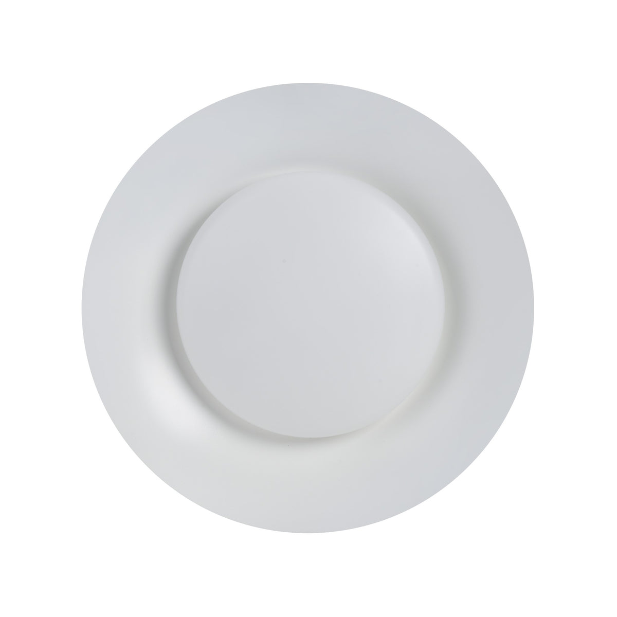 Vue de dessus du luminaire blanc, montrant les cercles concentriques de la finition.