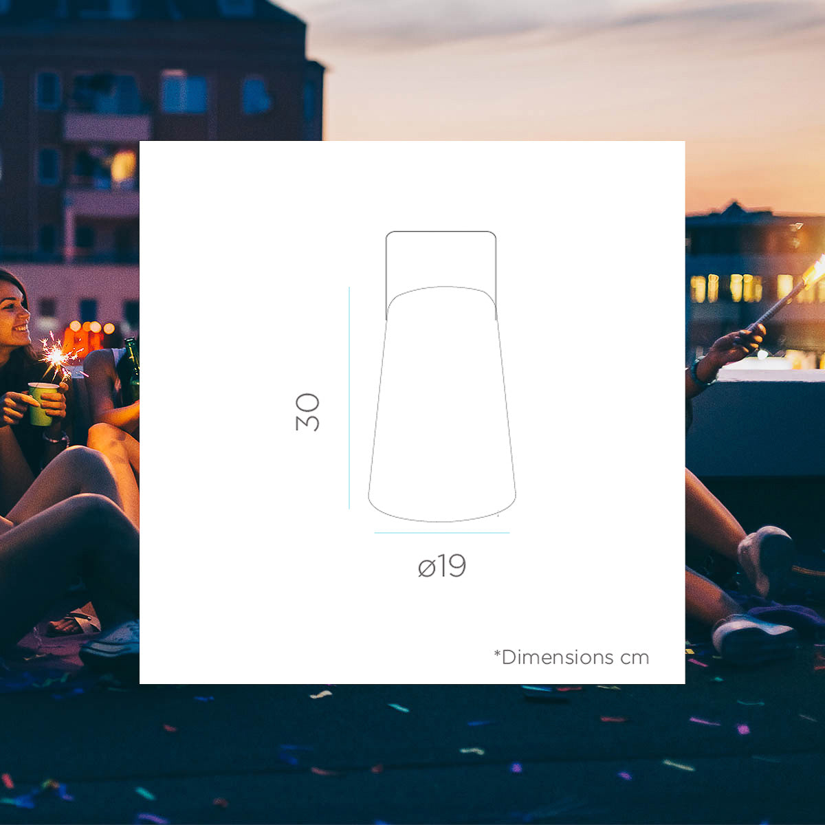 Schéma de dimensions du luminaire : hauteur trente centimètres et diamètre dix-neuf centimètres