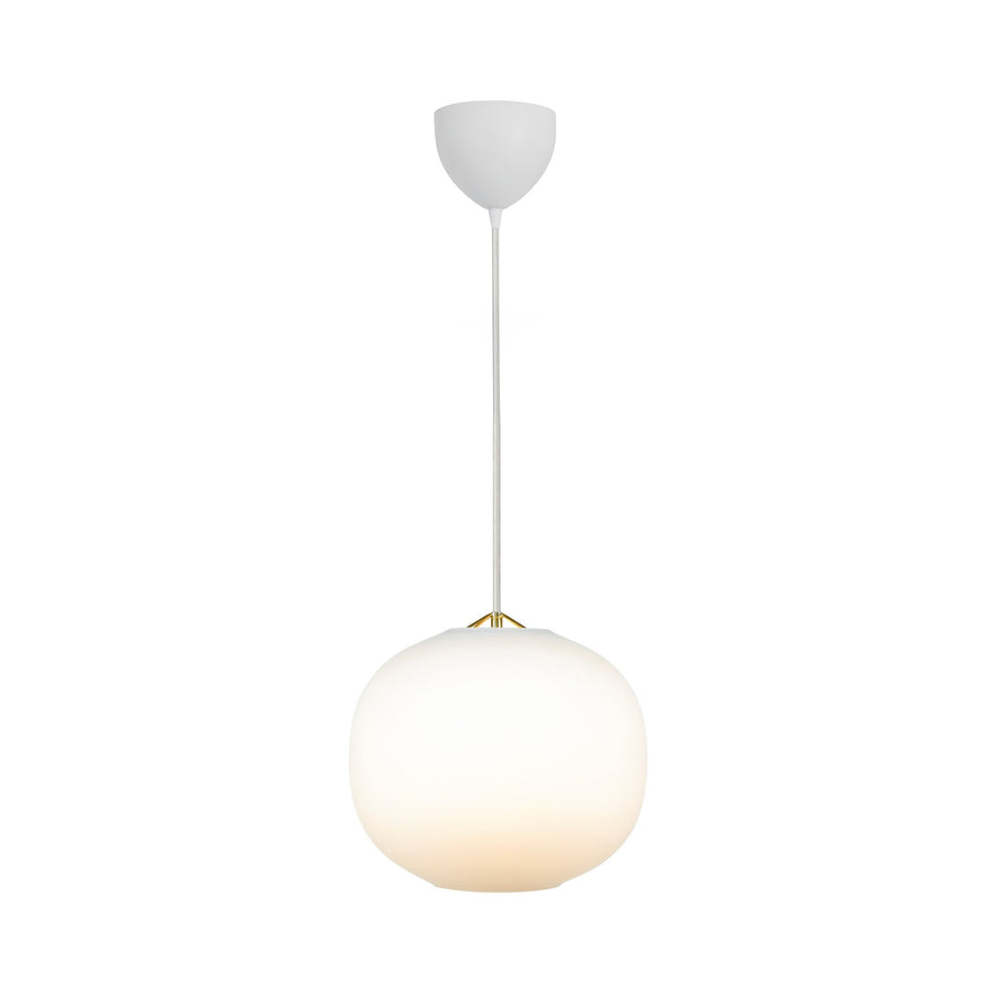 Vue rapprochée du luminaire suspendu blanc, montrant le globe en verre et sa finition.