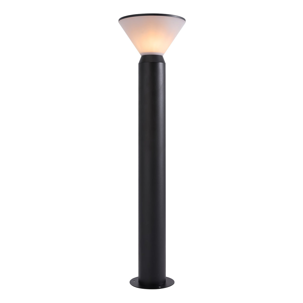 Borne extérieure noire vue de face avec diffuseur conique allumé sur fond blanc