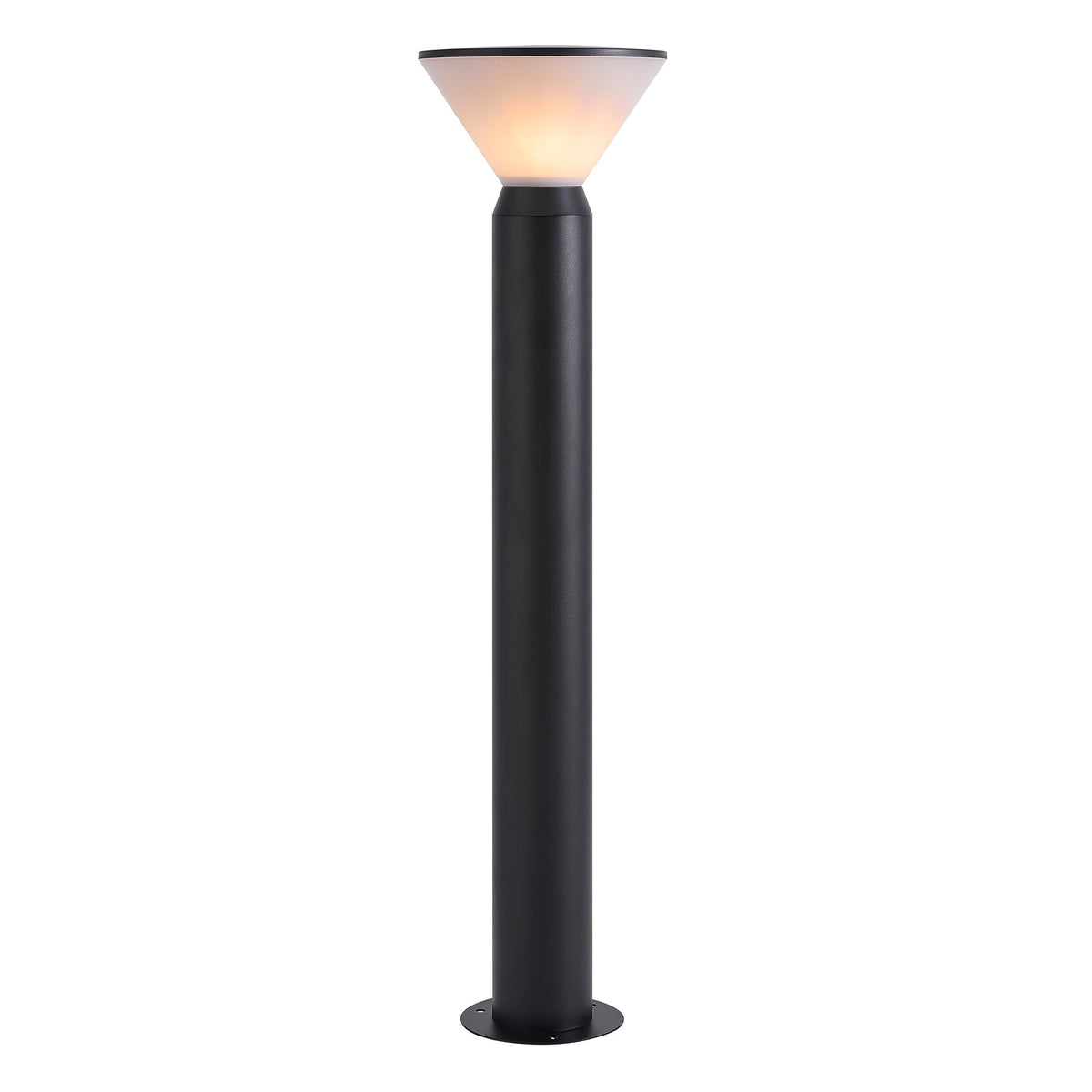 Vue de face légèrement rapprochée du luminaire noir éclairé sur fond blanc