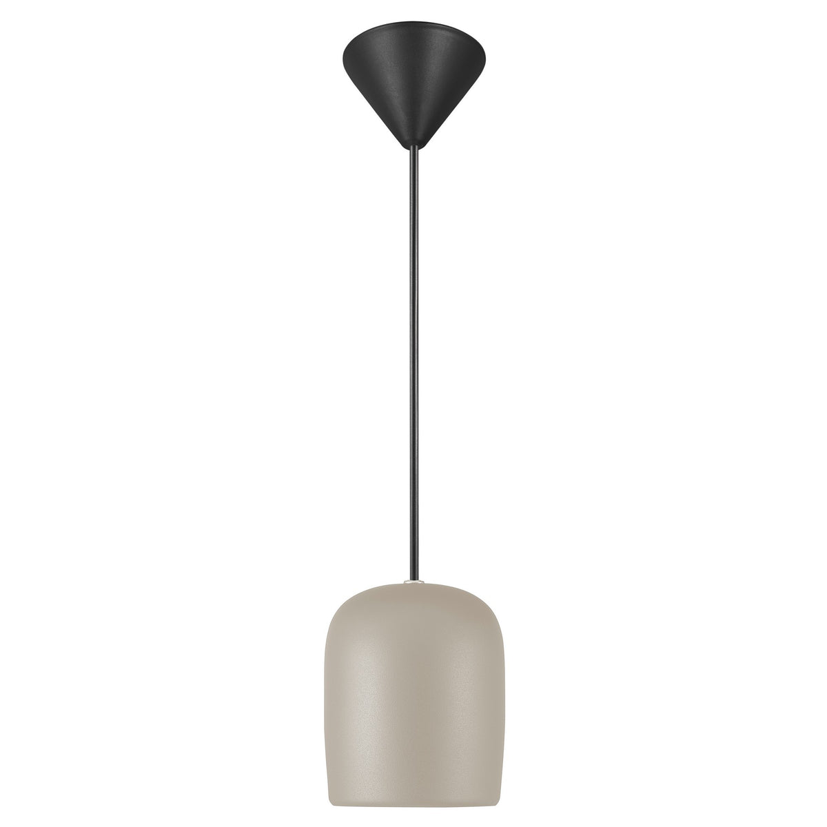 Même suspension beige vue de face, abat-jour arrondi mat et câble noir.