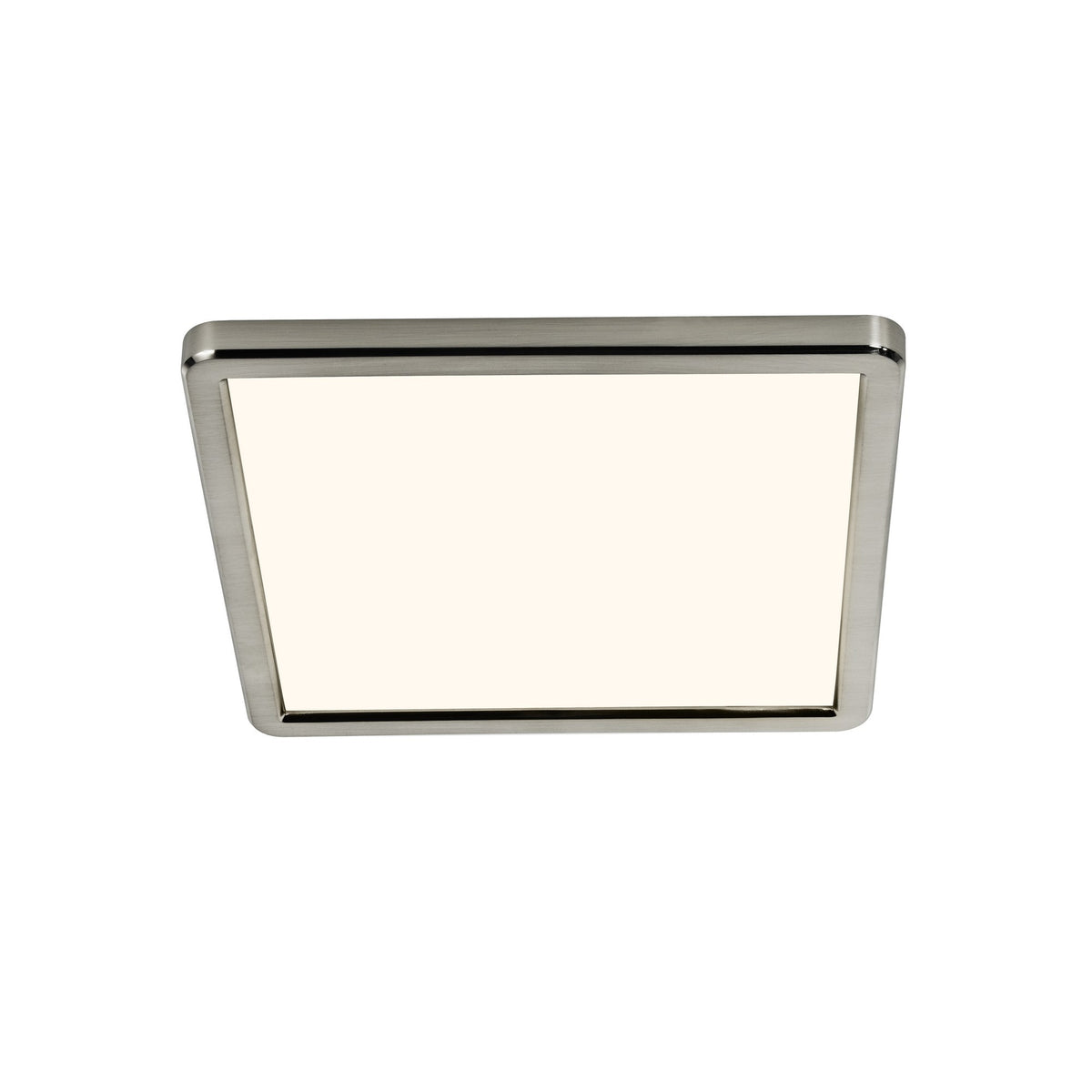 Vue en plongée du plafonnier carré LED avec cadre en nickel brossé et diffuseur blanc