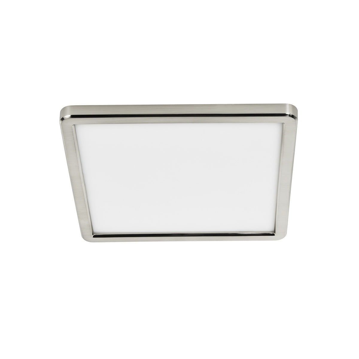 Vue en perspective du plafonnier carré LED avec cadre en nickel et diffuseur opalin