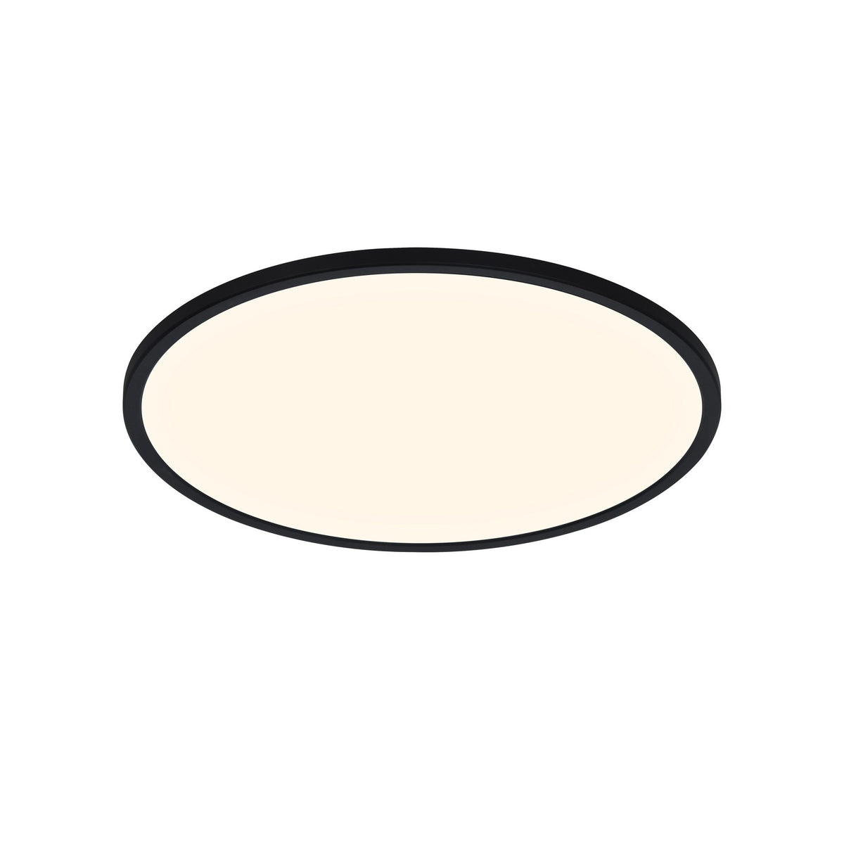 Vue en perspective d'un plafonnier rond au contour noir et diffuseur blanc.