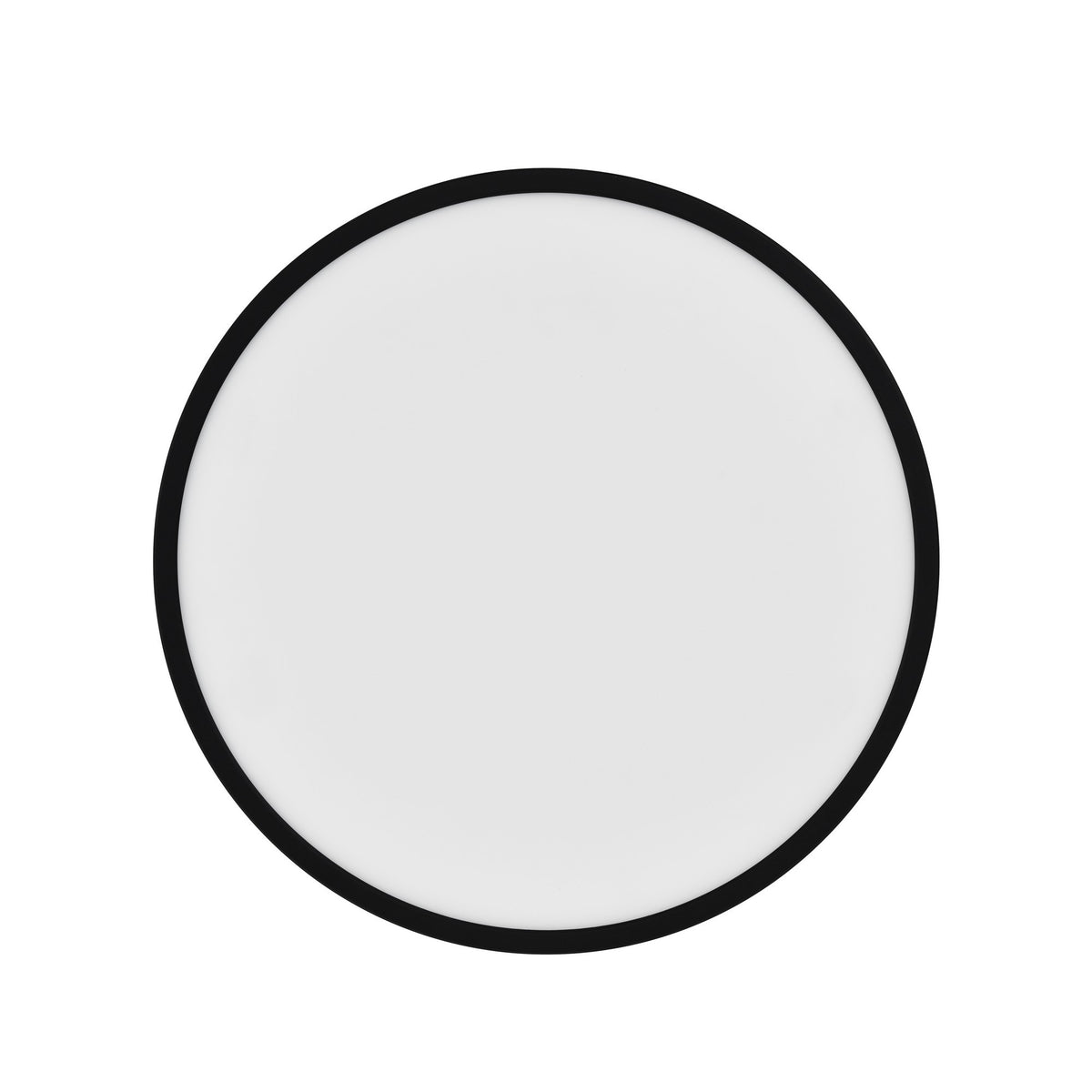Vue de face d'un plafonnier LED rond avec cerclage noir et verre opale.