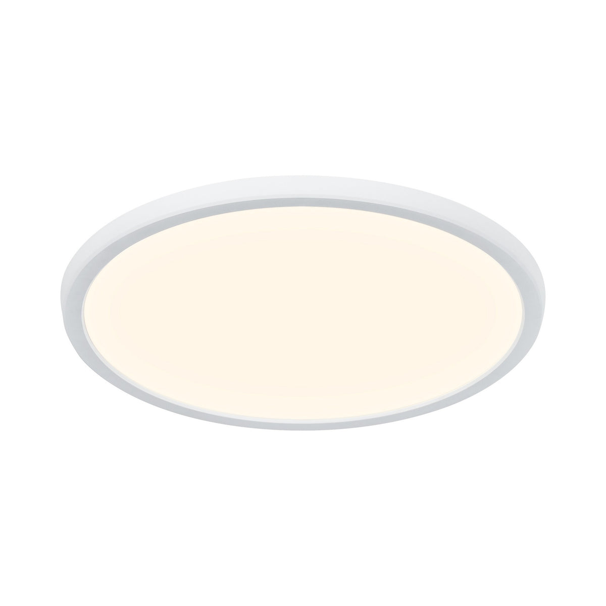 Vue de trois quarts du plafonnier LED blanc, montrant le cerclage et la surface lumineuse allumée.