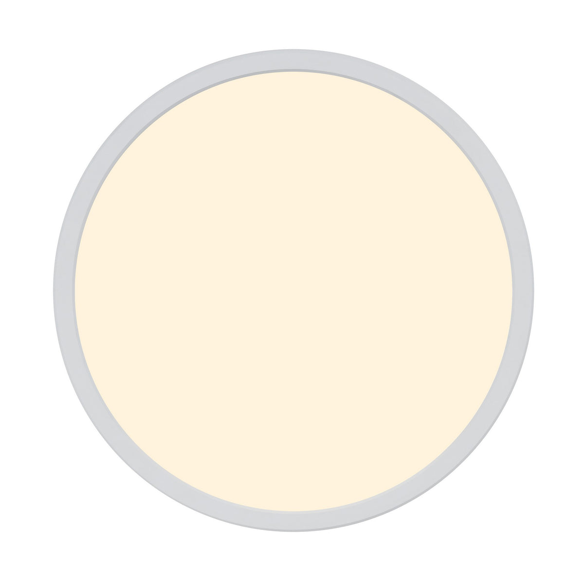 Vue rapprochée de face du plafonnier rond, lumière allumée, bord blanc et diffuseur opalin uniforme.