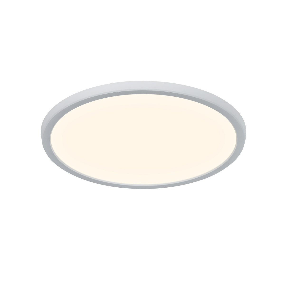 Plafonnier LED rond blanc vu de trois quarts, diffuseur opalin allumé