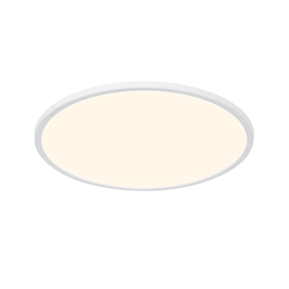 Plafonnier rond blanc vu de face, diffuseur opale et fin cerclage blanc.