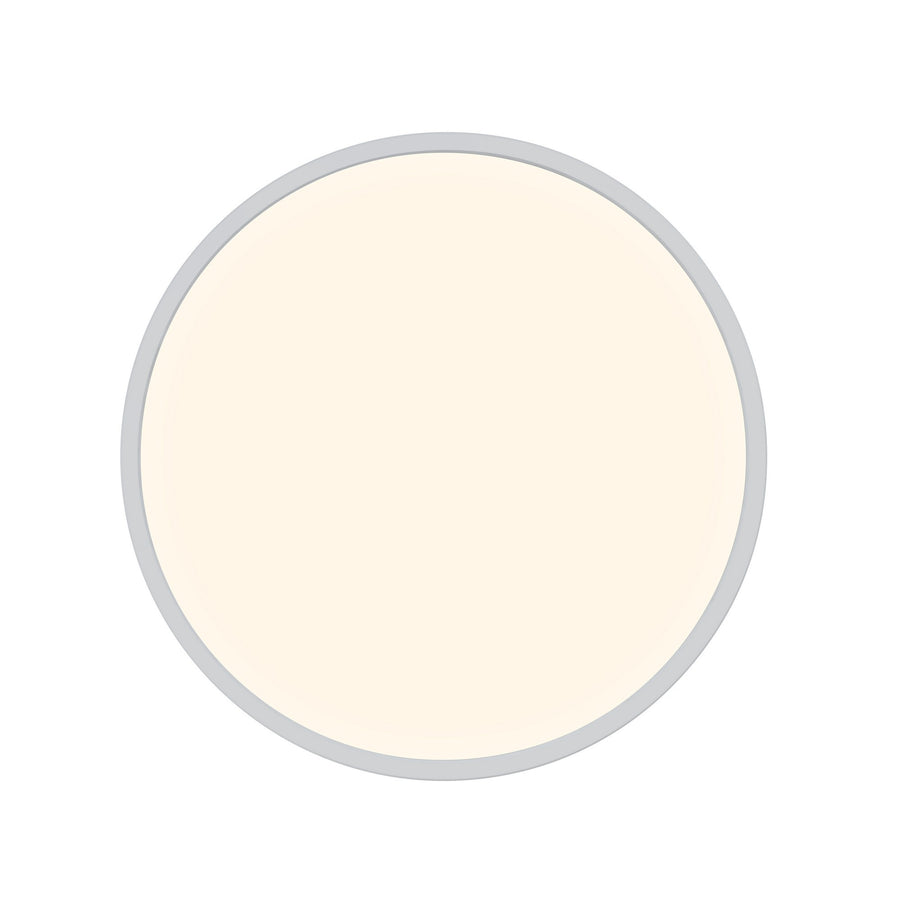 Vue de dessous d'un luminaire circulaire blanc avec large diffuseur lumineux.