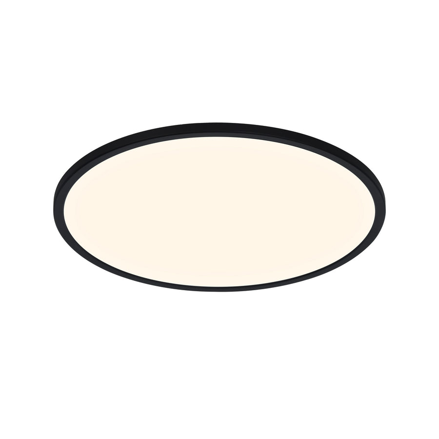 Plafonnier rond noir en vue de face, diffuseur opale et cerclage sombre.