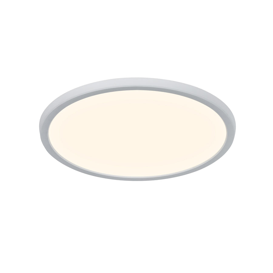 Plafonnier rond vu de biais, cerclage gris clair et diffuseur blanc crème