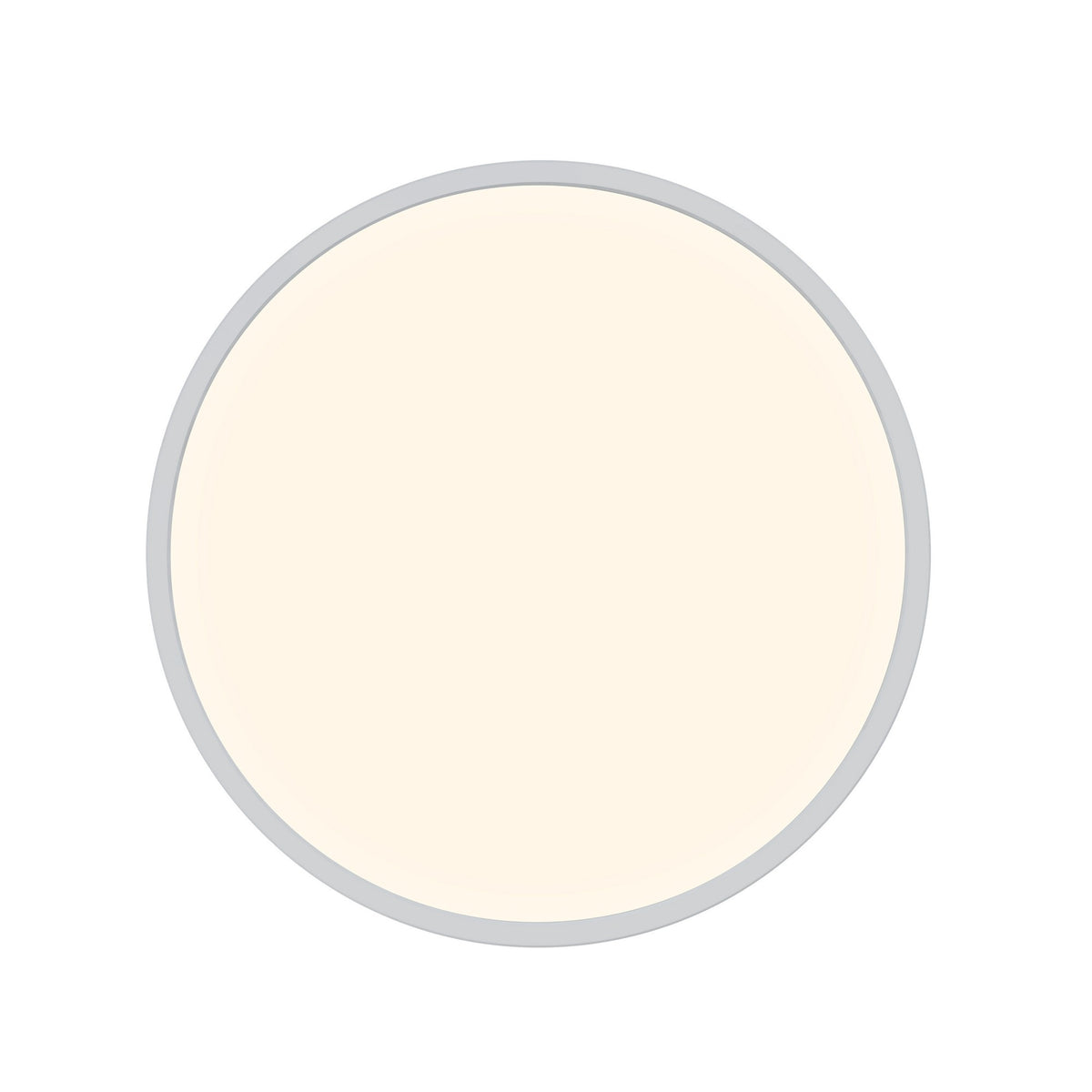 Plafonnier circulaire blanc vu de dessus, liseré gris fin autour du diffuseur ivoire.