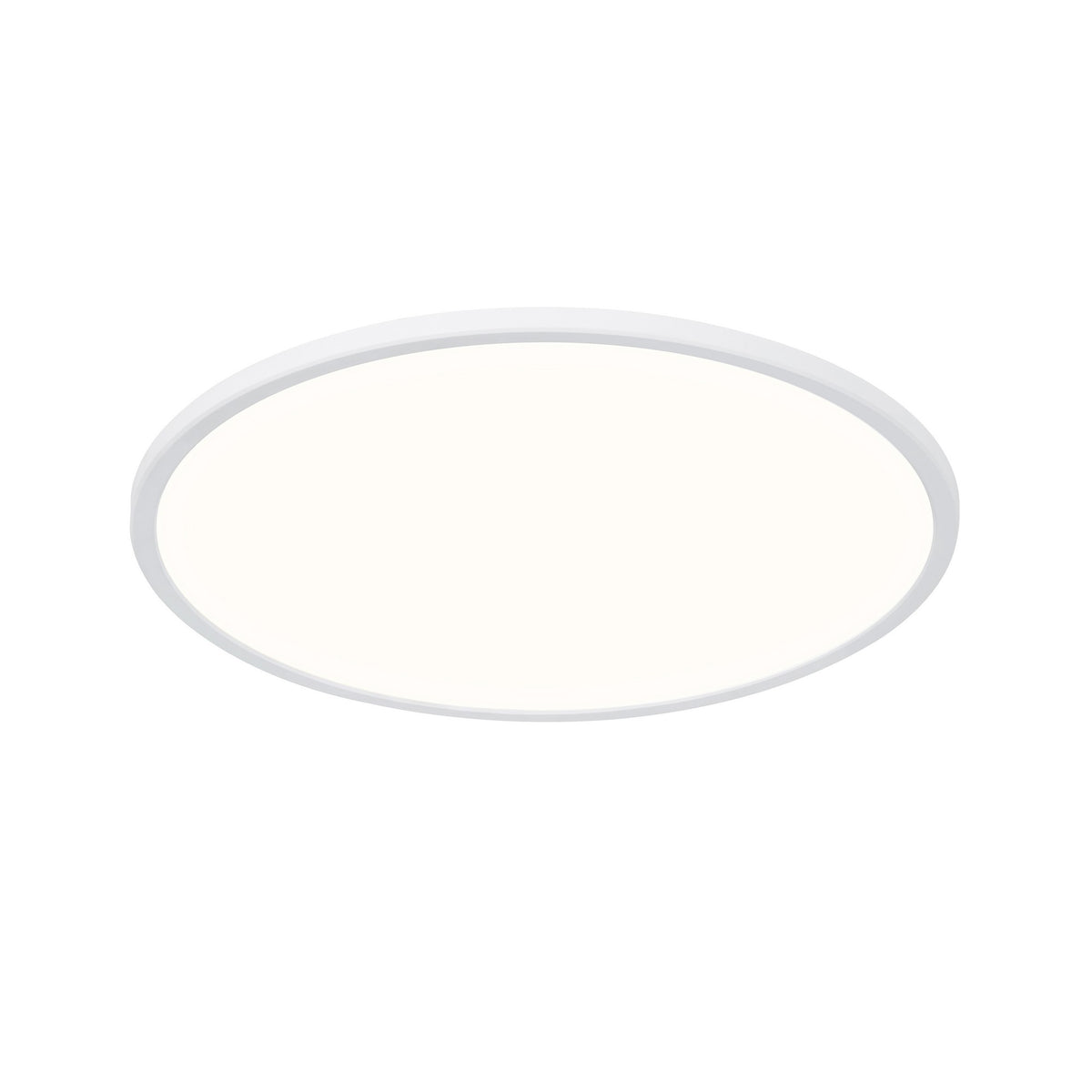 Vue en perspective du luminaire rond blanc, finesse du profil et bord arrondi.
