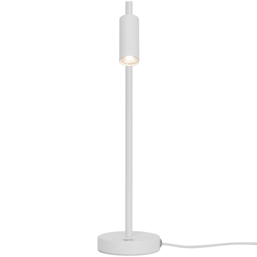 Vue de face de la lampe blanche, tête cylindrique verticale éclairant vers le bas.