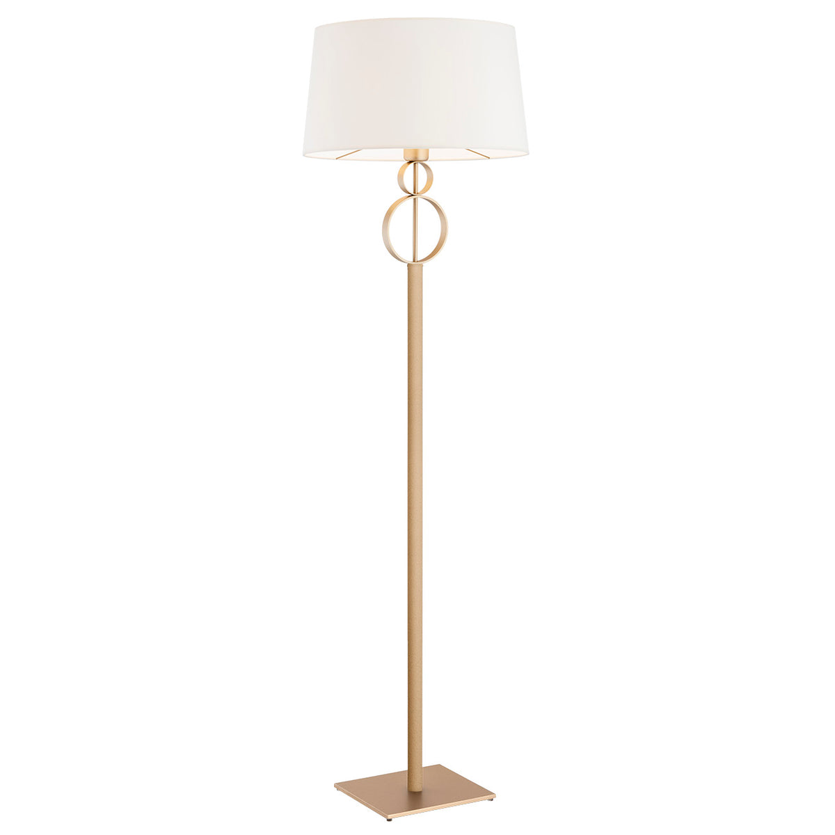 Lampadaire doré de face avec abat-jour blanc et double anneau décoratif