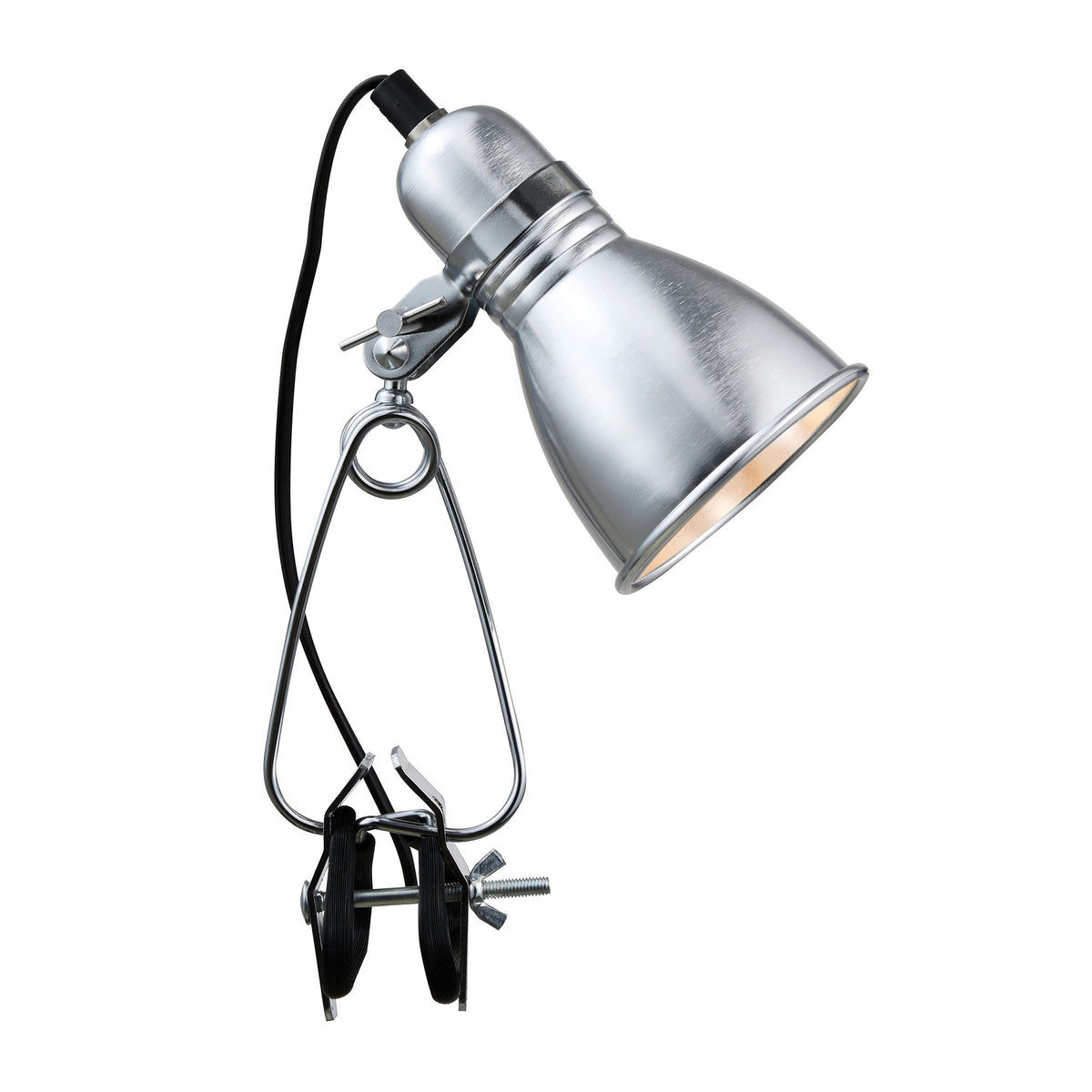 Détail du cordon noir et de la pince métallique de la lampe argentée