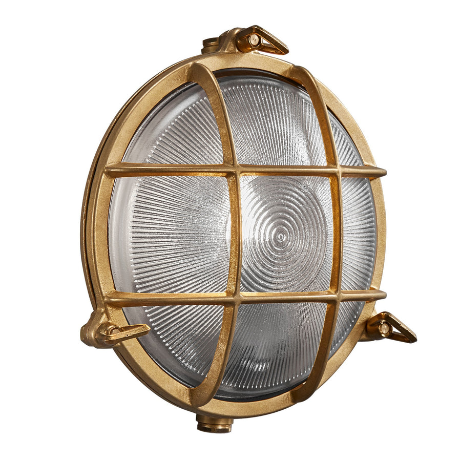 Même applique éteinte, verre transparent strié et cage en laiton doré