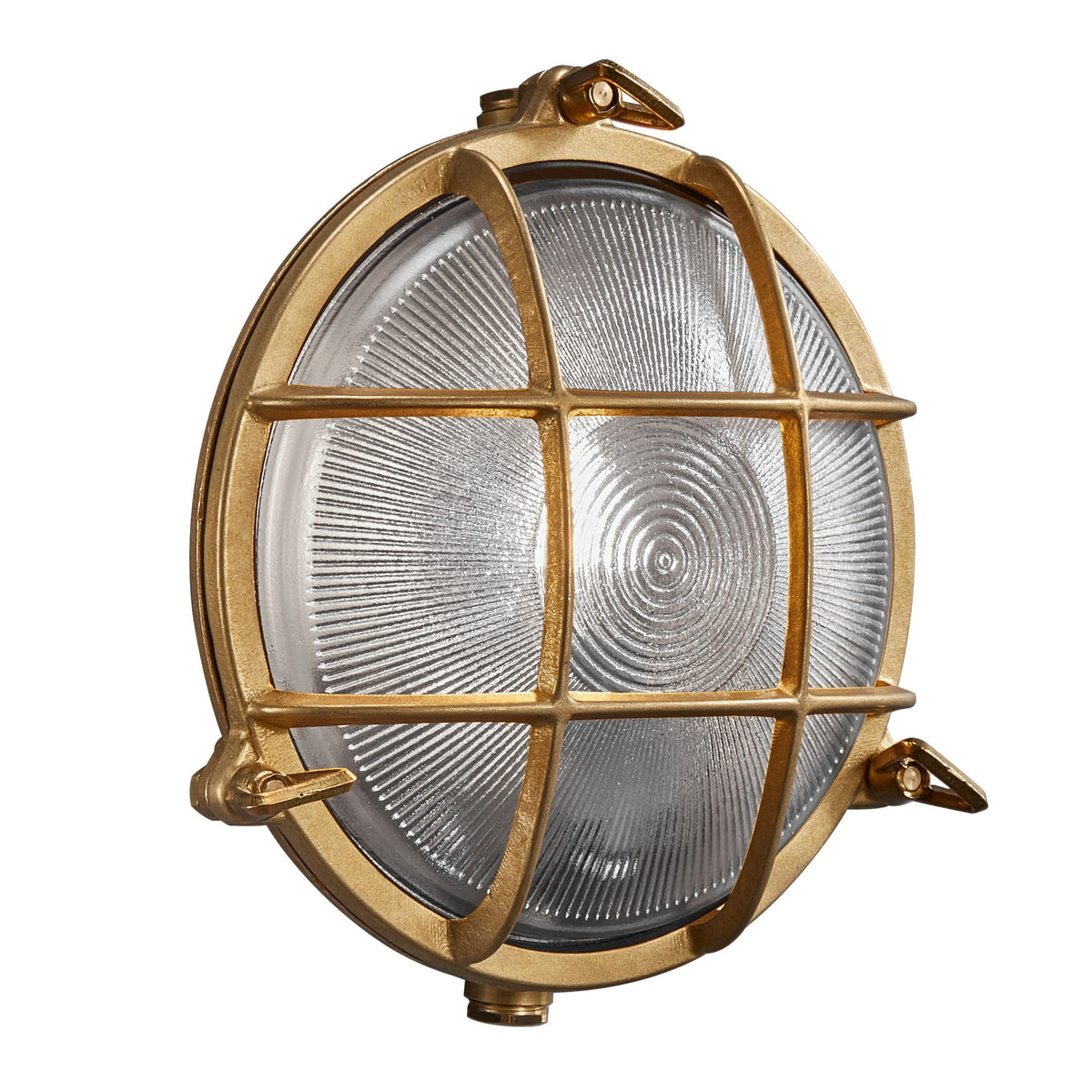 Même applique éteinte, verre transparent strié et cage en laiton doré