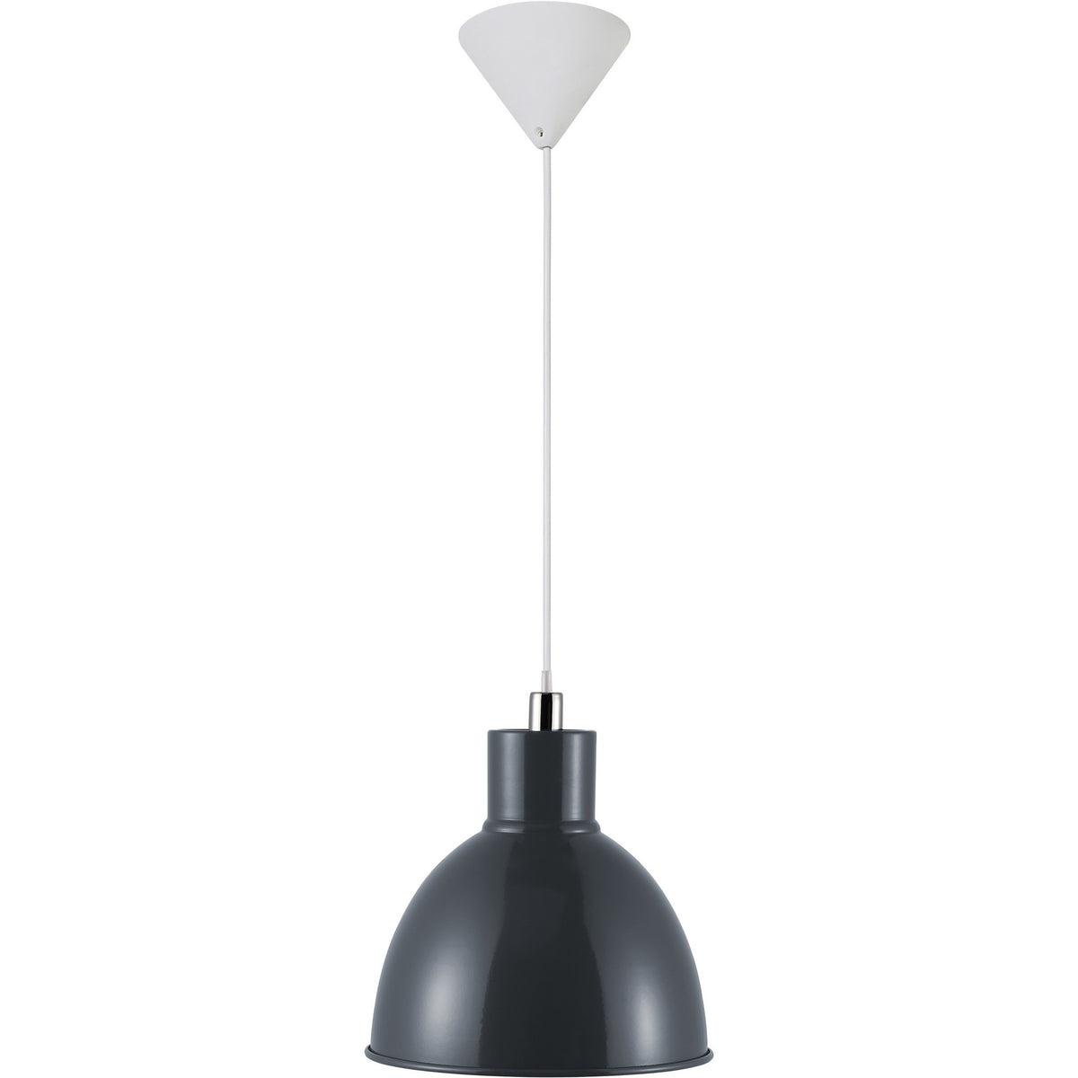 Suspension anthracite vue de face, câble et rosace blancs sur fond neutre