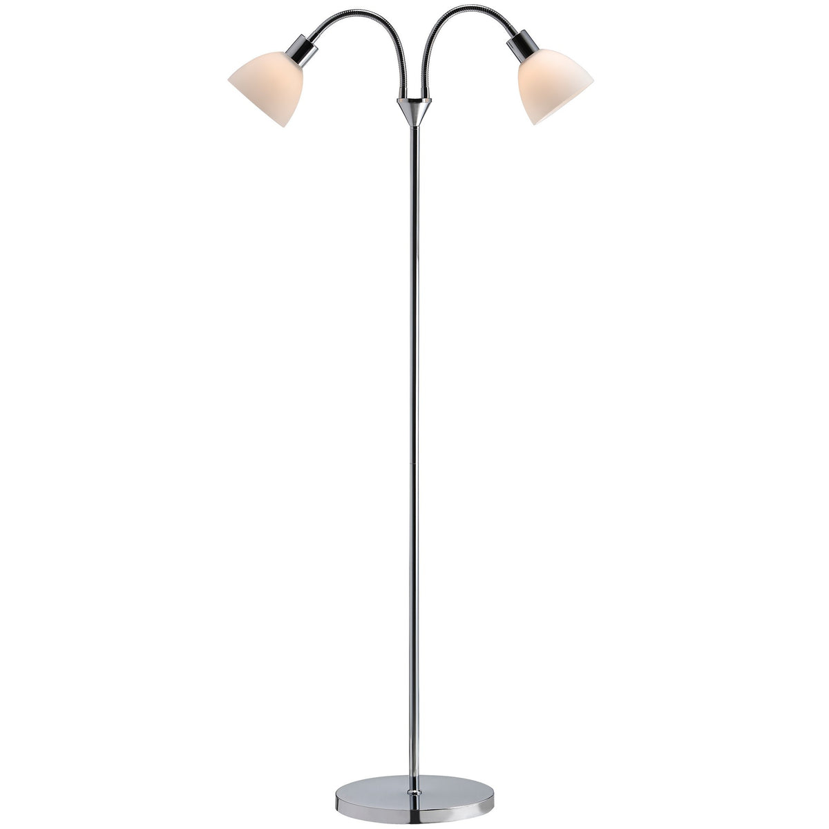 Lampadaire double chromé, deux bras recourbés et diffuseurs coniques en verre opalin, fond blanc.