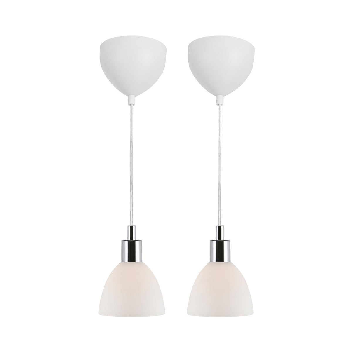Suspension blanche à deux abat-jours en verre opalin, fixations et douilles chromées, fond blanc.