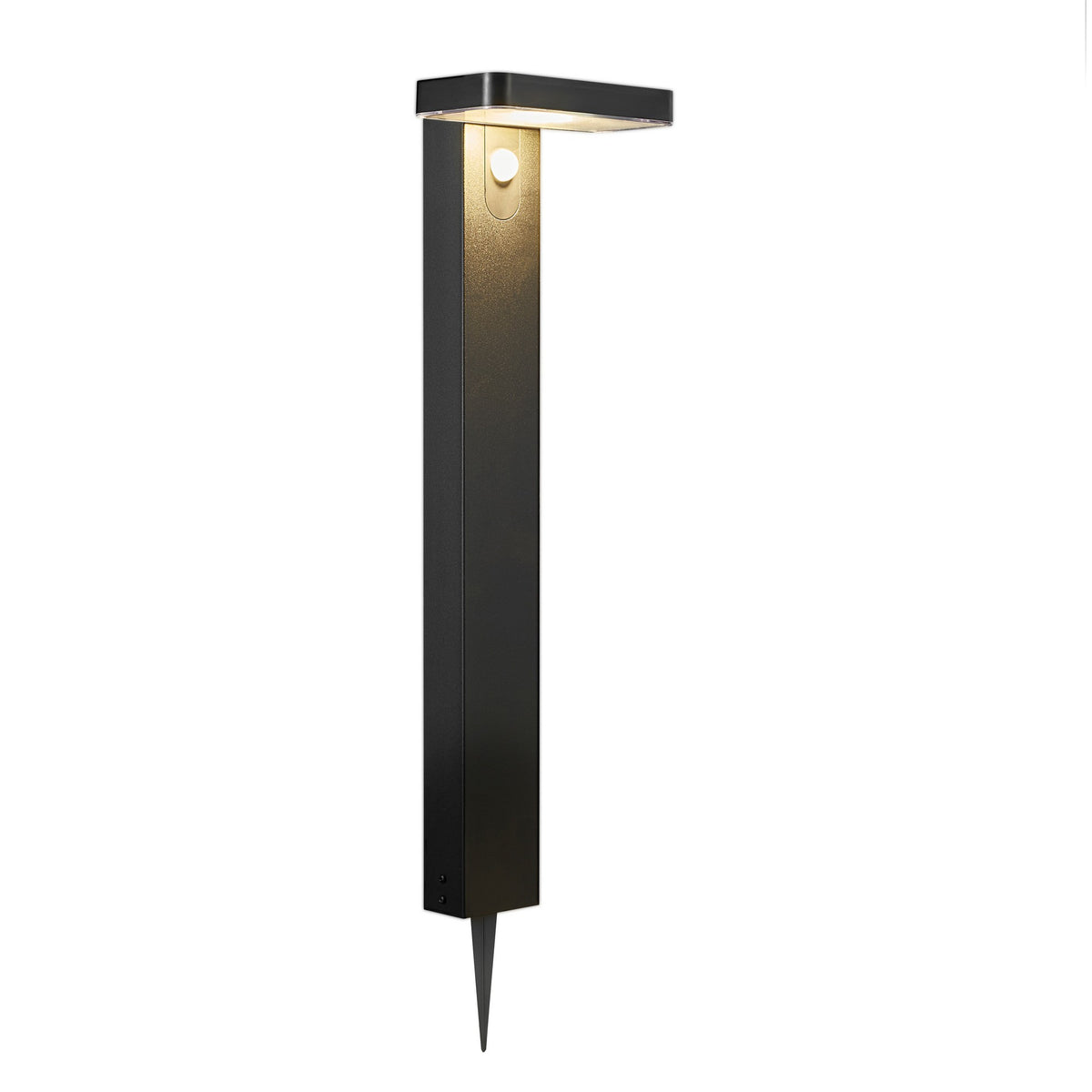 Borne lumineuse extérieure noire à piquet, vue de face sur fond blanc