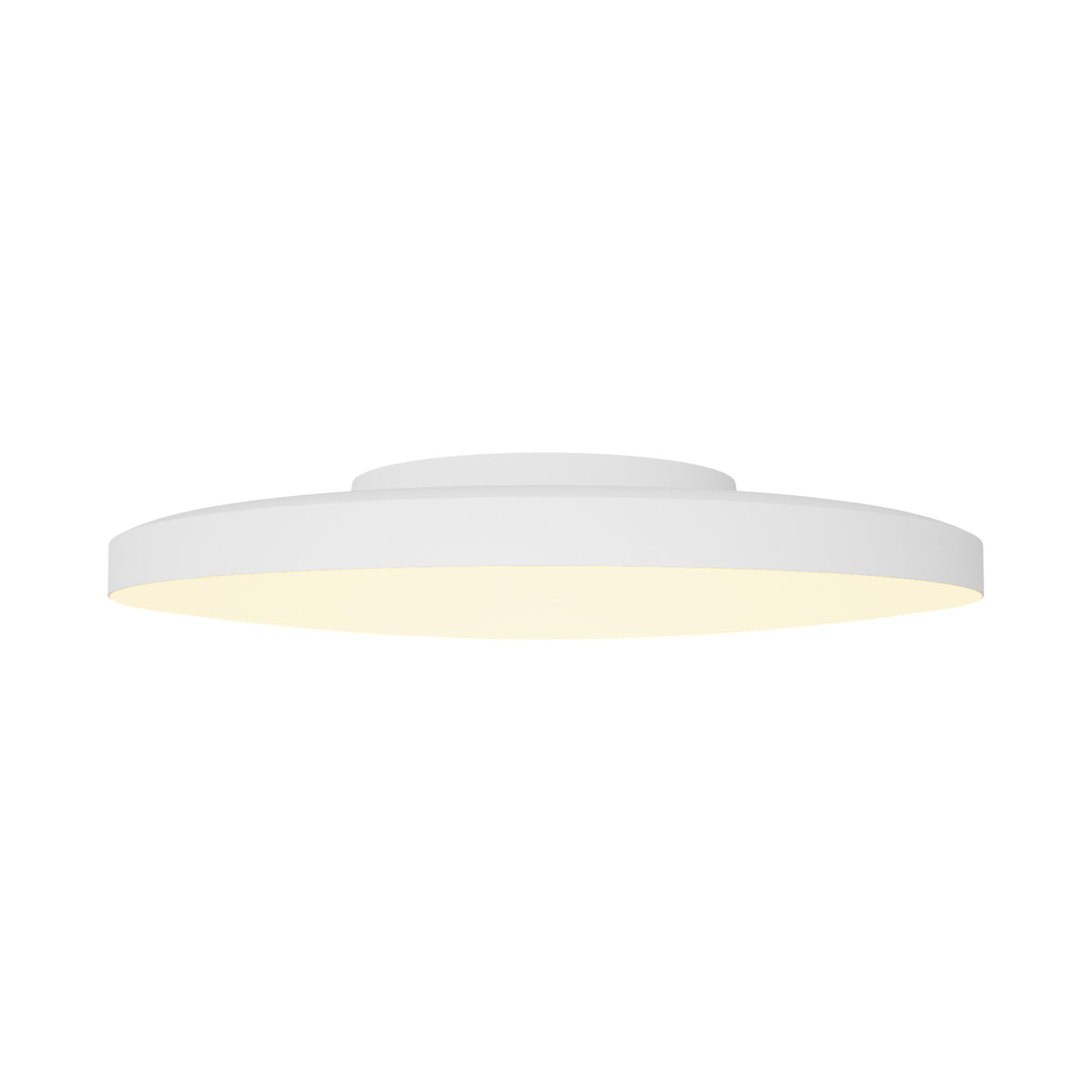 Plafonnier rond blanc vu de face, diffuseur lumineux allumé sous la coupole fine