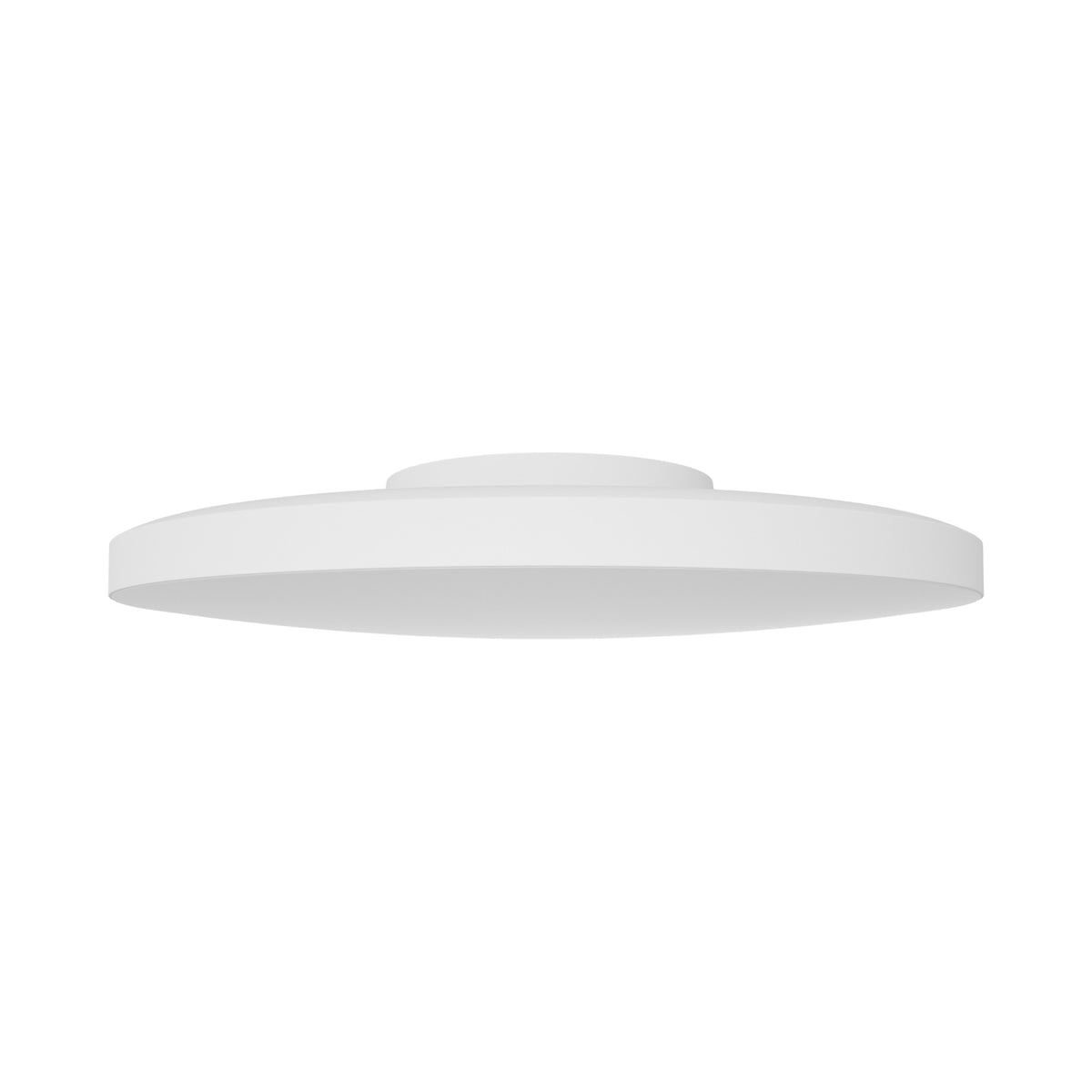 Vue de dessous légèrement inclinée, diffuseur blanc opaque et fin halo lumineux