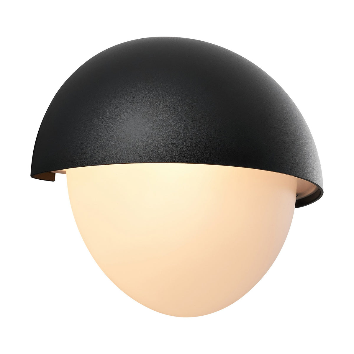 Applique murale noire de face avec diffuseur semi-sphérique blanc allumé