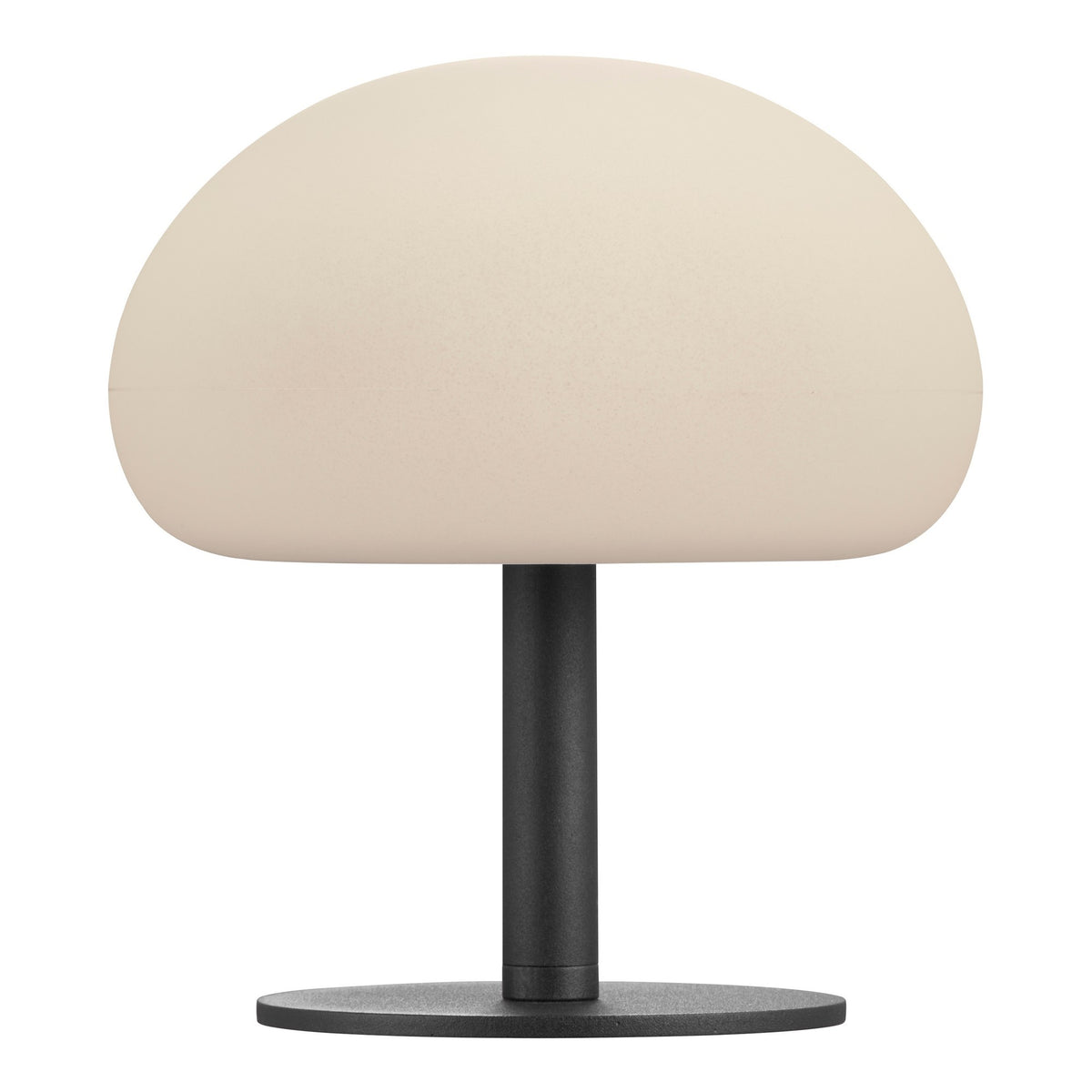 Vue de face du luminaire blanc, pied noir et socle circulaire plat.