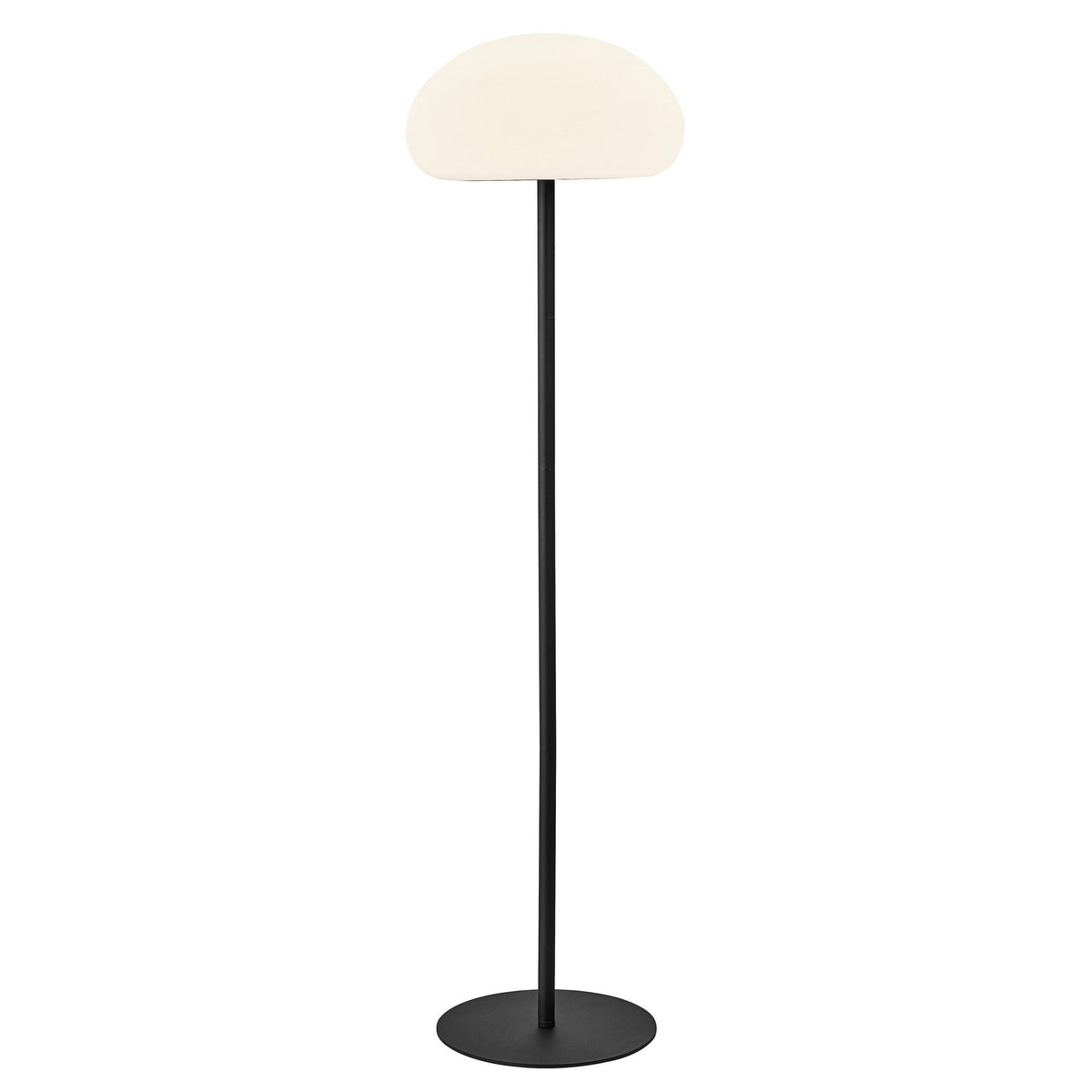 Lampe nomade sur pied, abat-jour blanc en forme de dôme et tige noire.