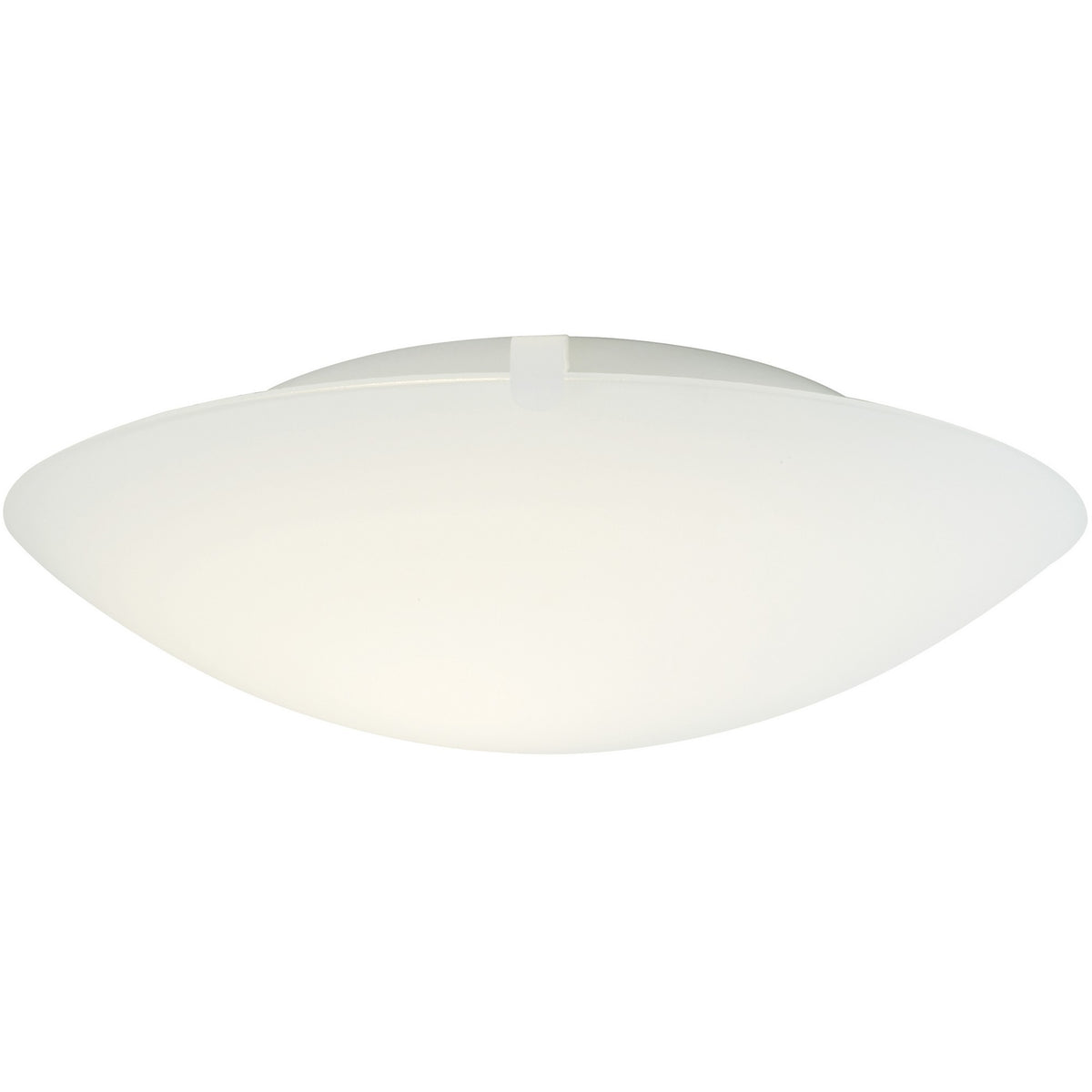 Plafonnier blanc en verre dépoli de forme arrondie, présenté sur fond blanc.