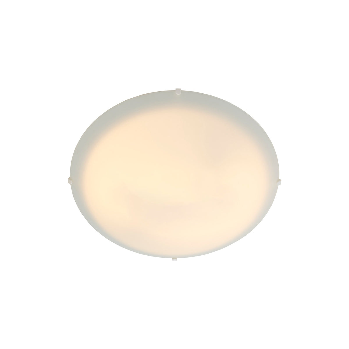Plafonnier rond en verre opalin blanc, vue de face allumée sur fond neutre