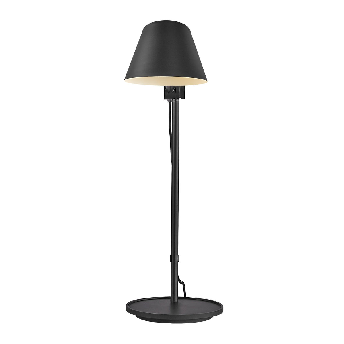 Vue de face du luminaire noir, abat-jour conique et bras vertical