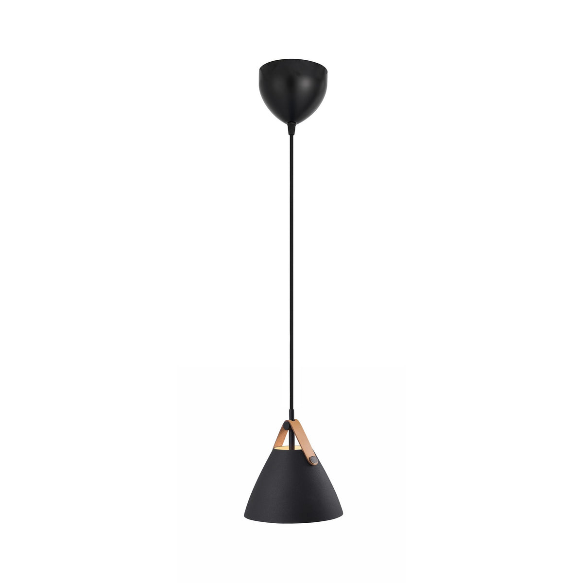 Suspension noire mate de face avec détail de sangle en cuir marron clair