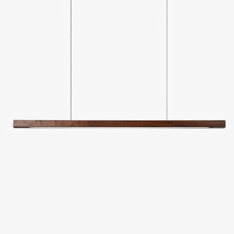 Suspension linéaire en bois foncé, câbles fins, vue de face sur fond blanc