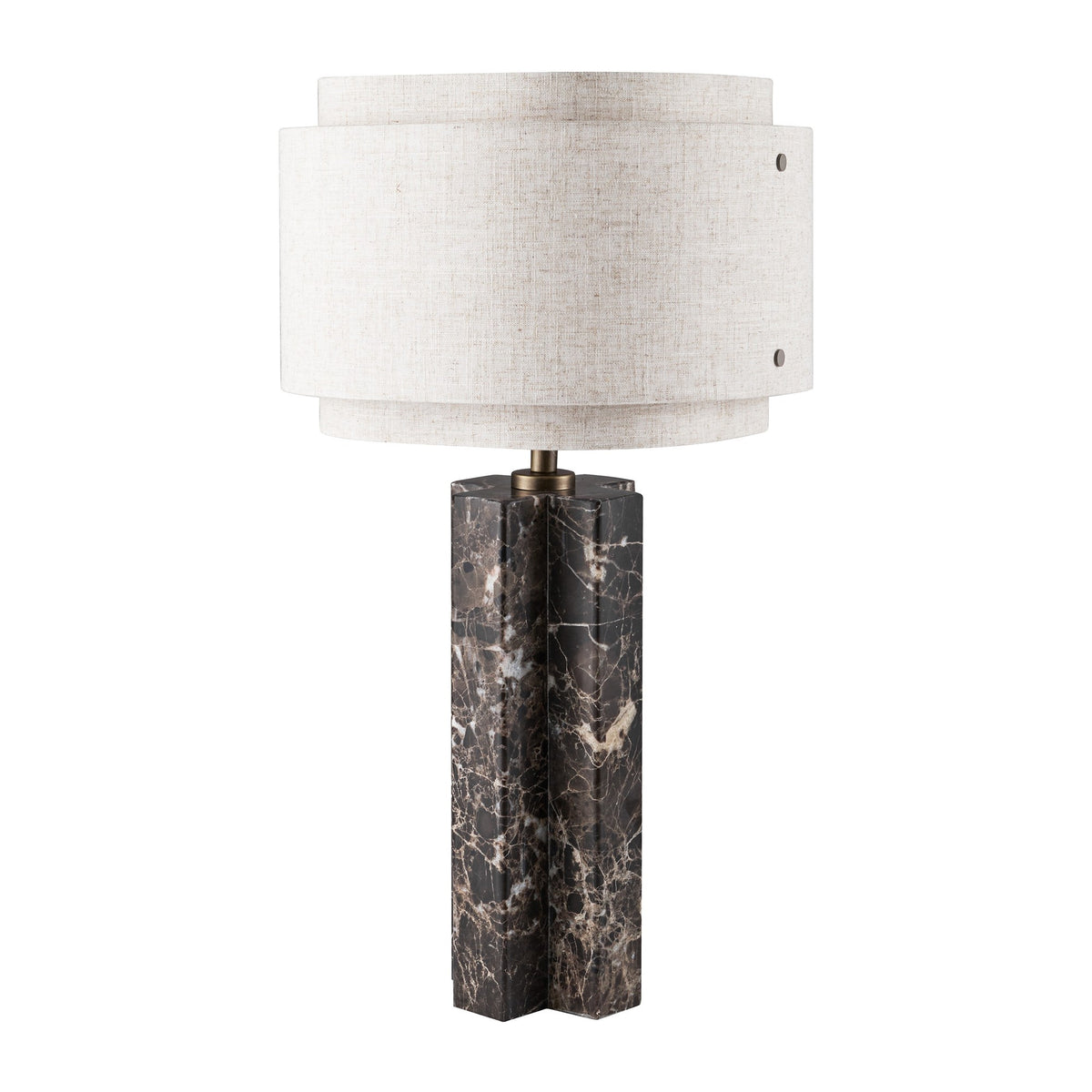 Vue trois quarts de la lampe éteinte, montrant l'assemblage entre abat-jour, tige bronze et socle marbre.