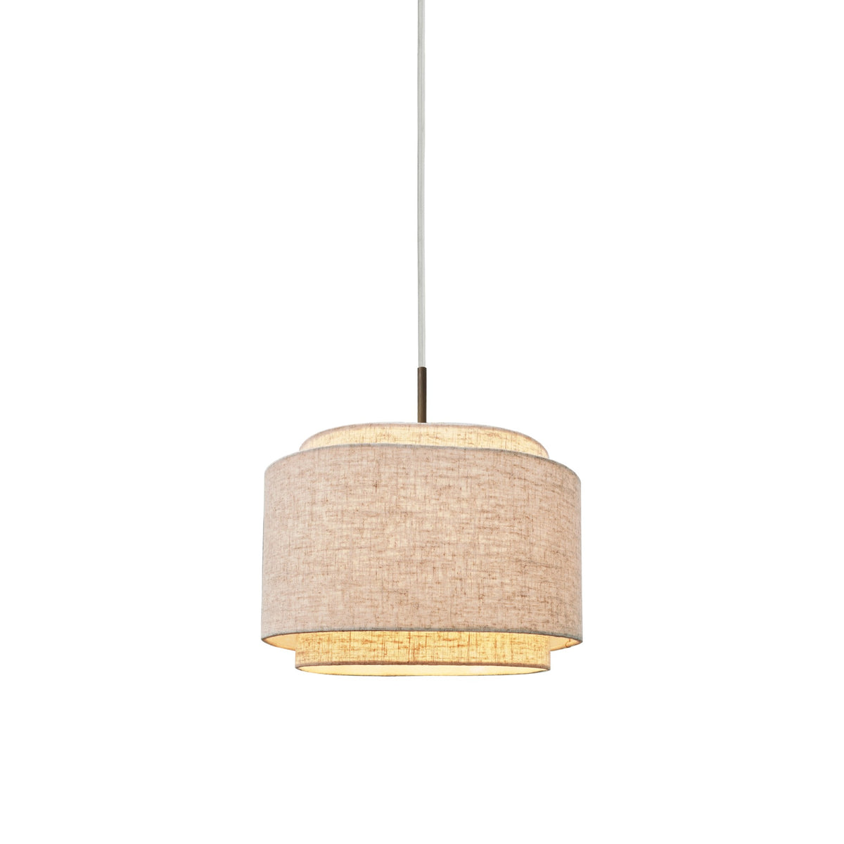 Suspension vue de face, abat-jour cylindrique en tissu beige, câble fin