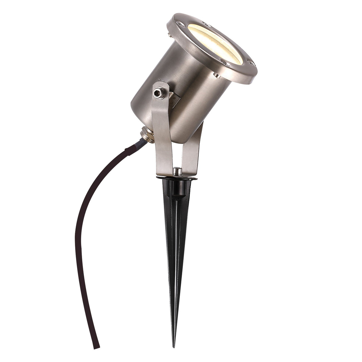 Projecteur extérieur en inox avec piquet et câble, vue produit sur fond blanc