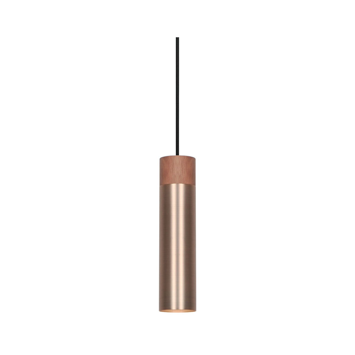Suspension cylindrique en bois et laiton bruni, câble noir, fond blanc