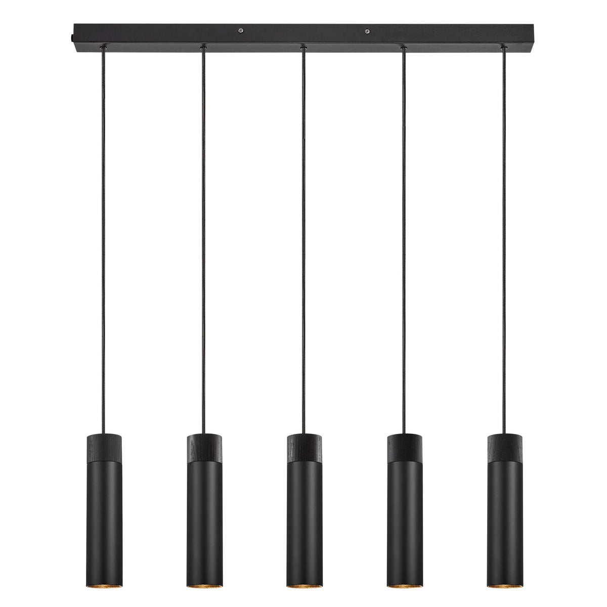 Vue de face de la suspension noire à cinq spots cylindriques suspendus.