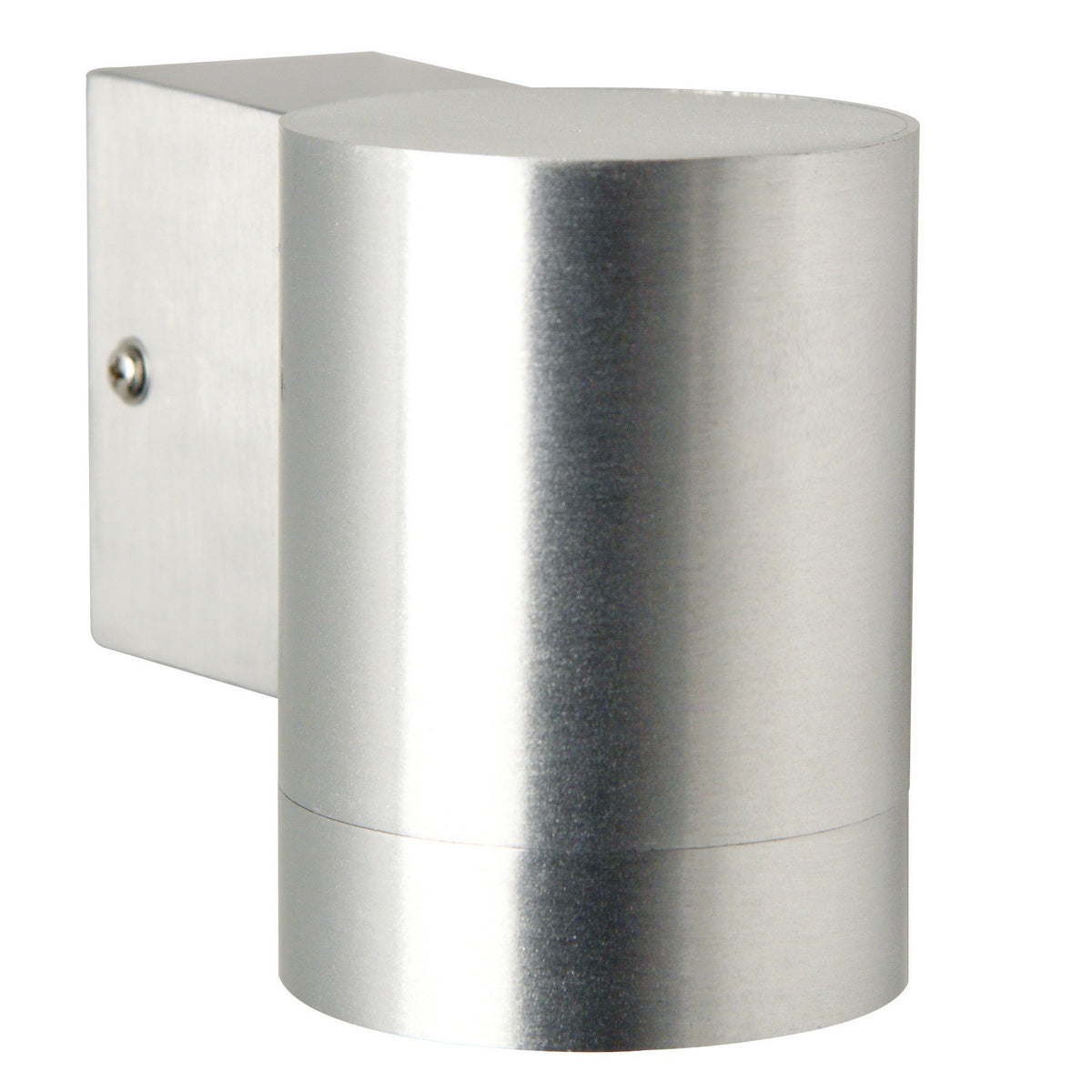 Applique murale cylindrique en aluminium brossé vue de face sur fond blanc