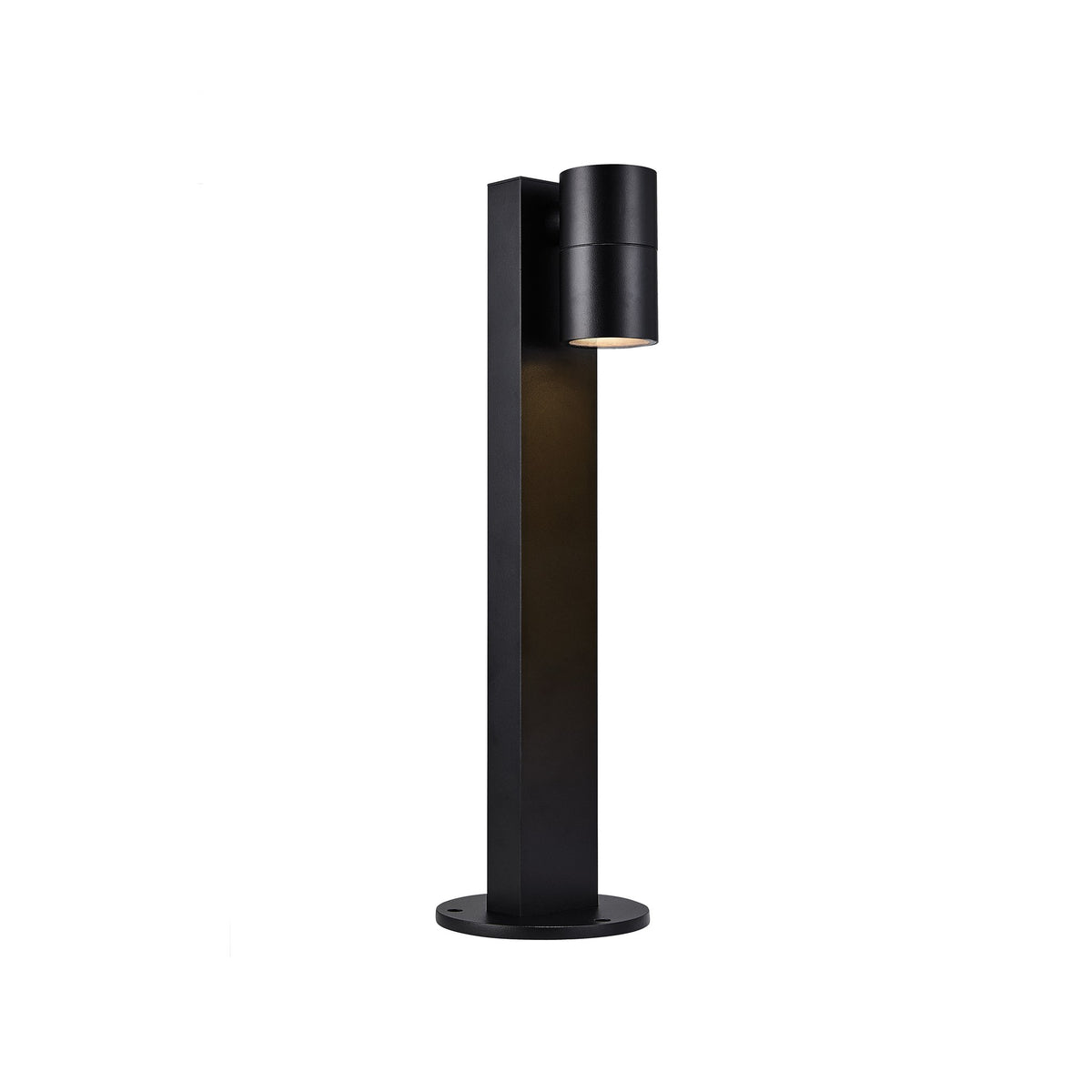 Borne extérieure noire de face, montant rectangulaire et tête cylindrique orientable vers le bas.