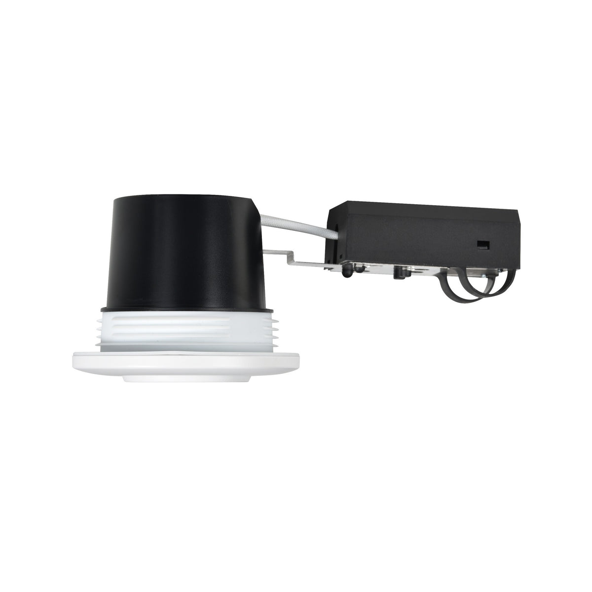 Profil du luminaire montrant le corps noir, la collerette blanche et le driver relié.