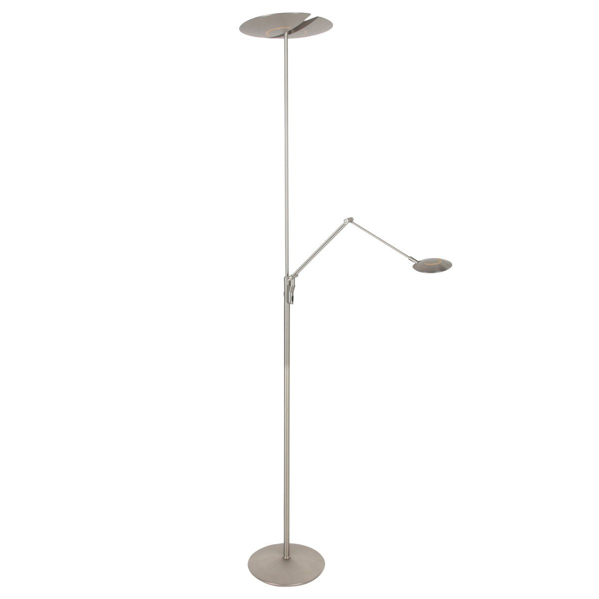 Lampadaire argenté de face avec bras articulé et diffuseurs ronds.