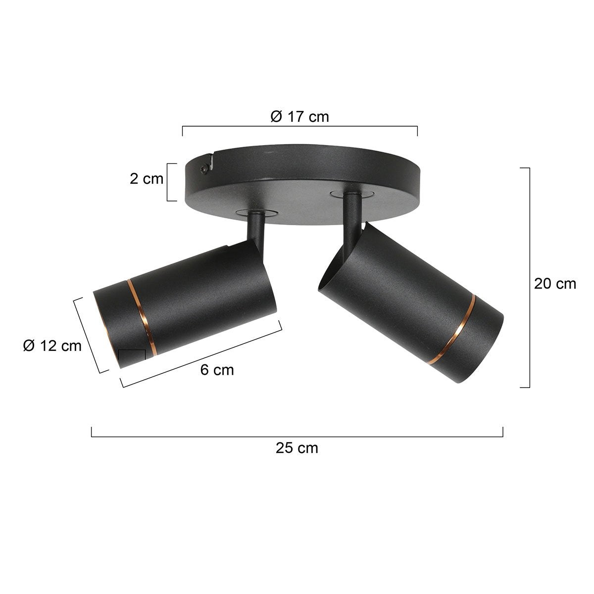 Schéma de dimensions du spot plafond double : largeur 25 cm, hauteur 20 cm, base 17 cm.