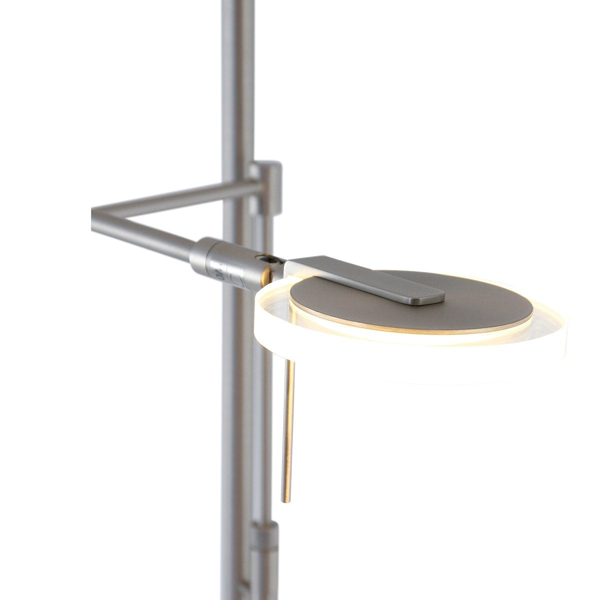 Détail du bras de lecture argenté et de sa tête ronde avec halo lumineux.
